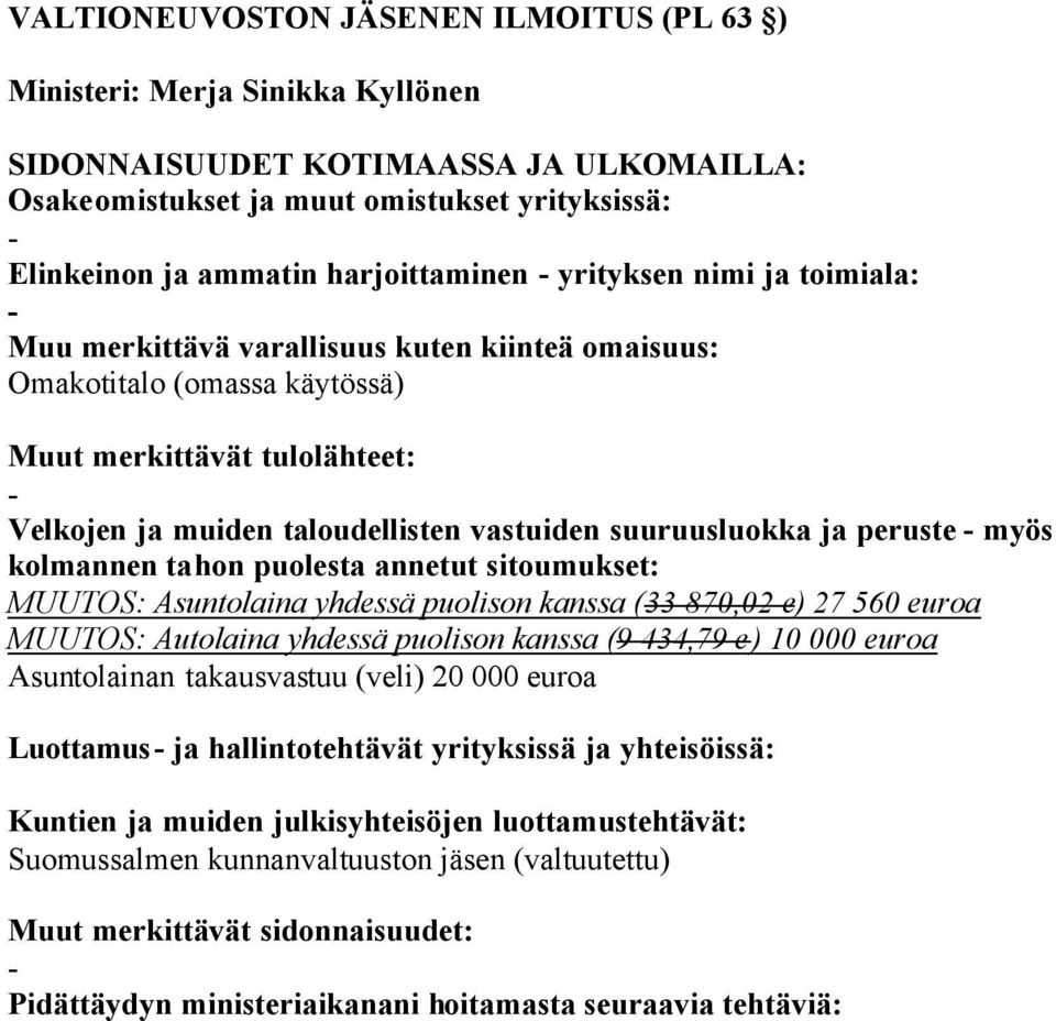 kanssa (33 870,02 e) 27 560 euroa MUUTOS: Autolaina yhdessä puolison kanssa (9 434,79 e) 10 000 euroa Asuntolainan