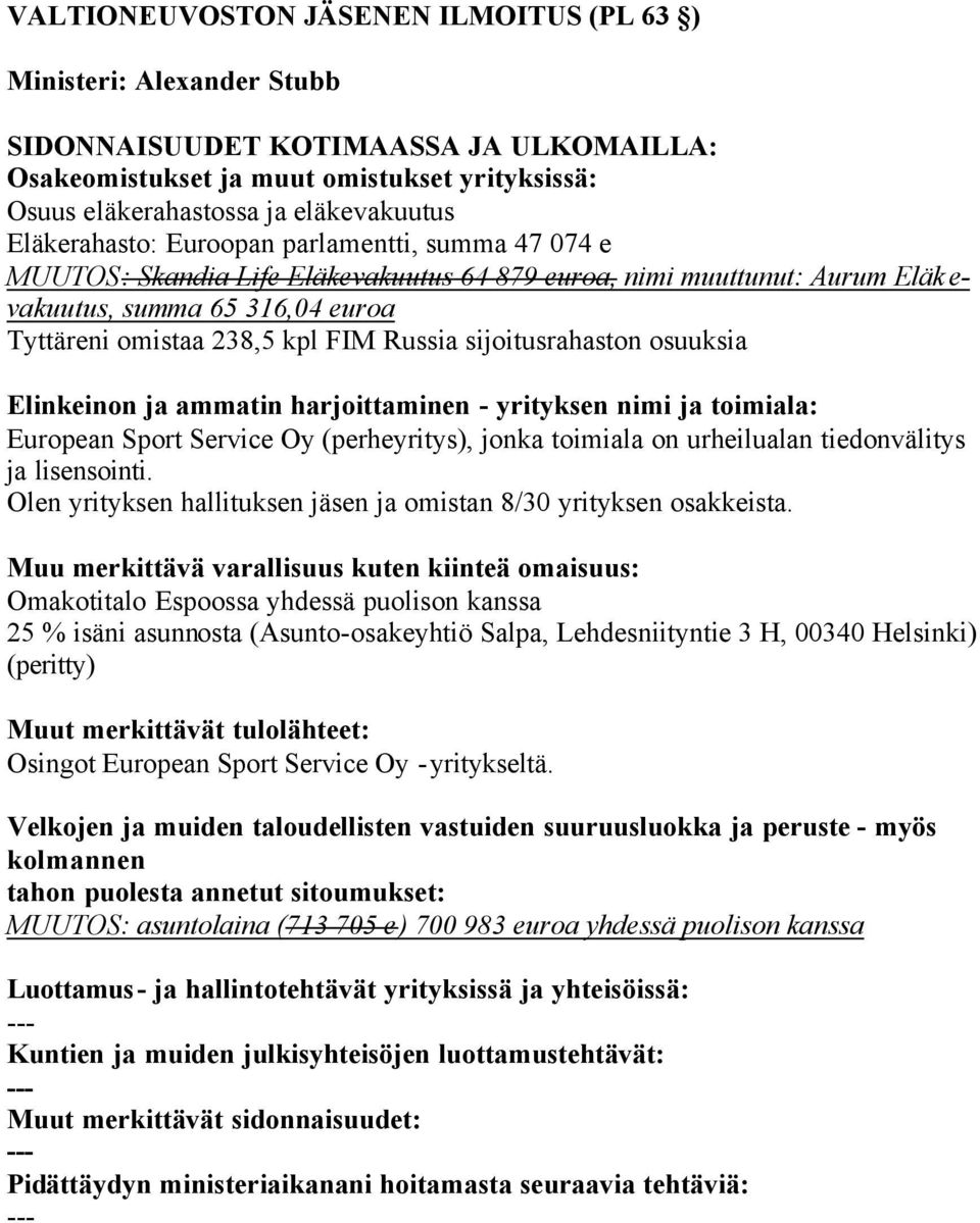 (perheyritys), jonka toimiala on urheilualan tiedonvälitys ja lisensointi. Olen yrityksen hallituksen jäsen ja omistan 8/30 yrityksen osakkeista.