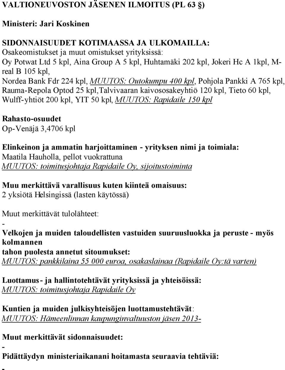 harjoittaminen yrityksen nimi ja toimiala: Maatila Hauholla, pellot vuokrattuna MUUTOS: toimitusjohtaja Rapidaile Oy, sijoitustoiminta 2 yksiötä Helsingissä (lasten käytössä) Velkojen ja muiden