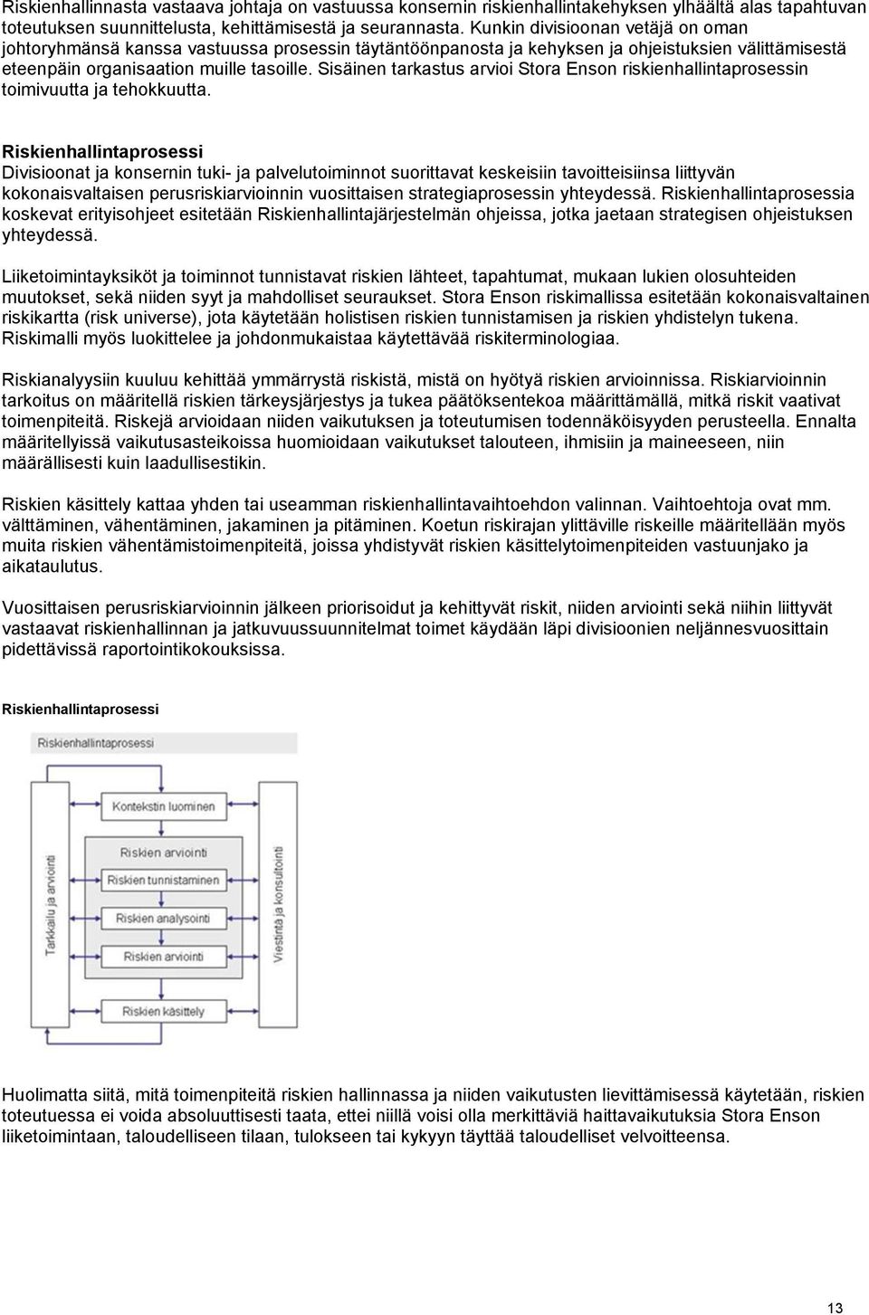 Sisäinen tarkastus arvioi Stora Enson riskienhallintaprosessin toimivuutta ja tehokkuutta.