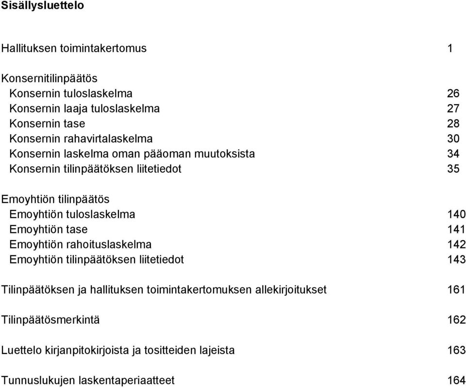 Emoyhtiön tuloslaskelma 140 Emoyhtiön tase 141 Emoyhtiön rahoituslaskelma 142 Emoyhtiön tilinpäätöksen liitetiedot 143 Tilinpäätöksen ja hallituksen