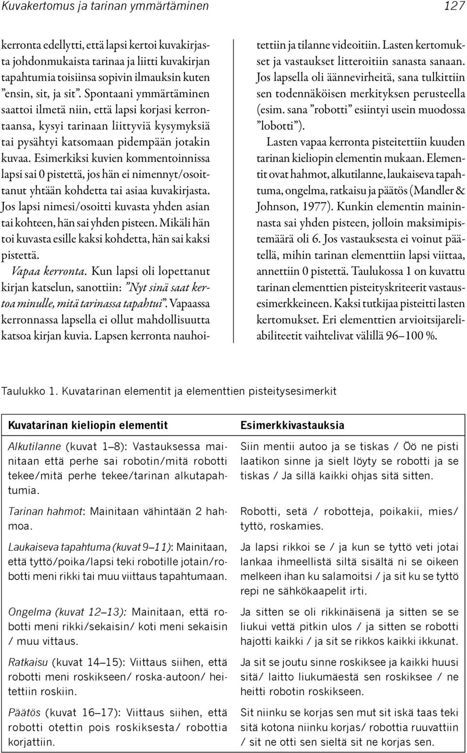 Esimerkiksi kuvien kommentoinnissa lapsi sai 0 pistettä, jos hän ei nimennyt/osoittanut yhtään kohdetta tai asiaa kuvakirjasta.