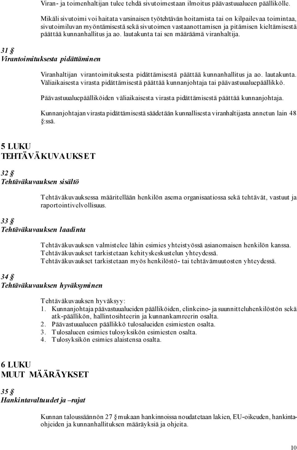 kunnanhallitus ja ao. lautakunta tai sen määräämä viranhaltija. 31 Virantoimituksesta pidättäminen Viranhaltijan virantoimituksesta pidättämisestä päättää kunnanhallitus ja ao. lautakunta. Väliaikaisesta virasta pidättämisestä päättää kunnanjohtaja tai päävastuualuepäällikkö.