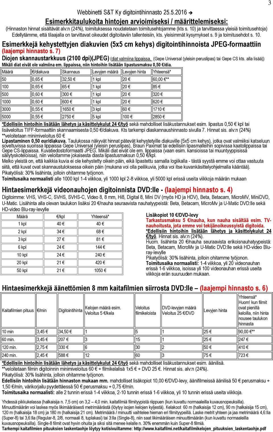 10) ja tarvittaessa yleisiä toimitusehtoja) Edellytämme, että tilaajalla on tarvittavat oikeudet digitoitaviin tallenteisiin, kts. yleisimmät kysymykset s. 9 ja toimitusehdot s. 10.