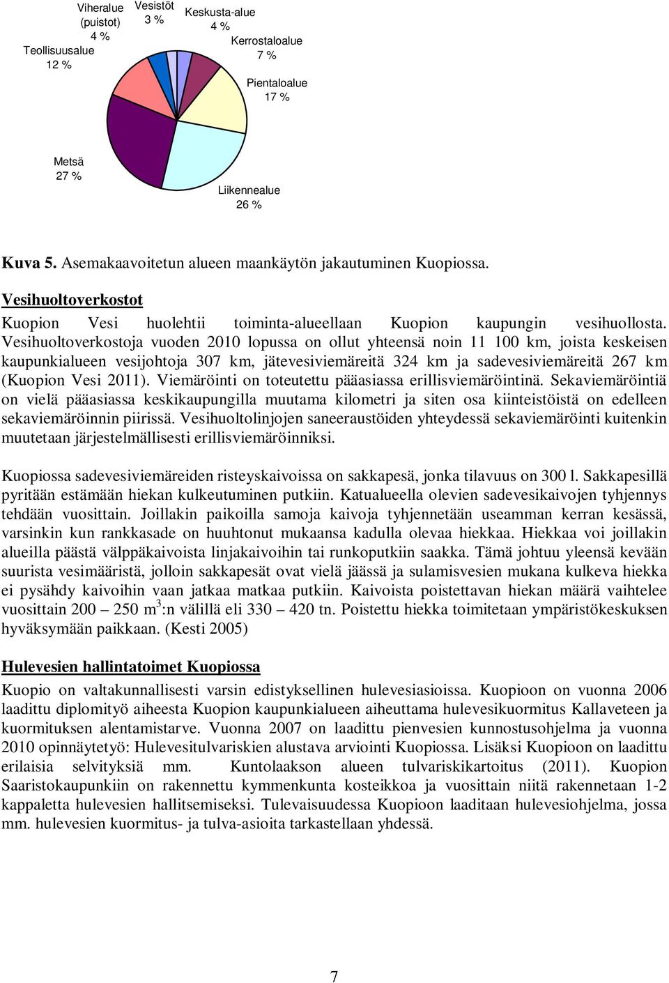 Vesihuoltoverkostoja vuoden 2010 lopussa on ollut yhteensä noin 11 100 km, joista keskeisen kaupunkialueen vesijohtoja 307 km, jätevesiviemäreitä 324 km ja sadevesiviemäreitä 267 km (Kuopion Vesi