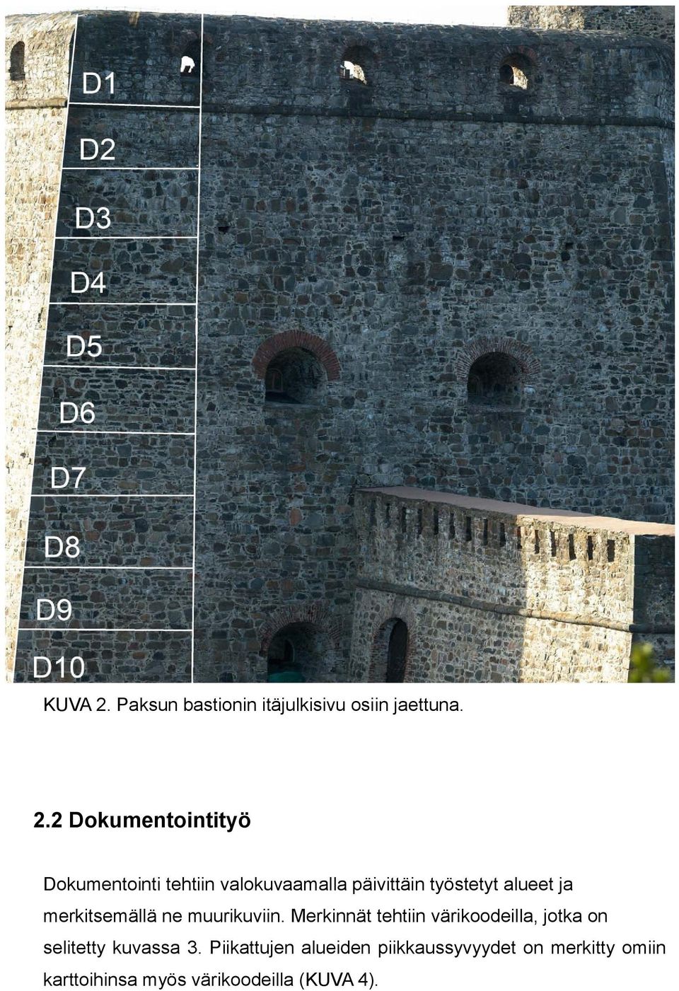 2 Dokumentointityö Dokumentointi tehtiin valokuvaamalla päivittäin työstetyt alueet