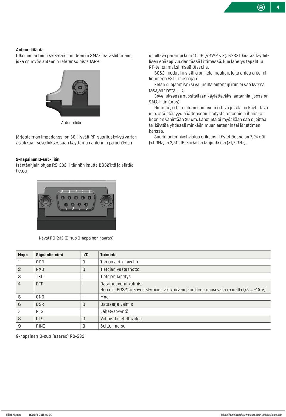 BGS2T kestää täydellisen epäsopivuuden tässä liittimessä, kun lähetys tapahtuu RF-tehon maksimisäätötasolla. BGS2-moduulin sisällä on kela maahan, joka antaa antenniliittimeen ESD-lisäsuojan.
