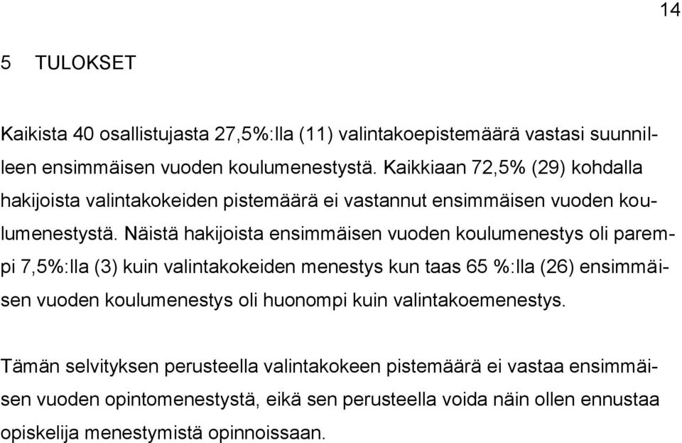 Näistä hakijoista ensimmäisen vuoden koulumenestys oli parempi 7,5%:lla (3) kuin valintakokeiden menestys kun taas 65 %:lla (26) ensimmäisen vuoden