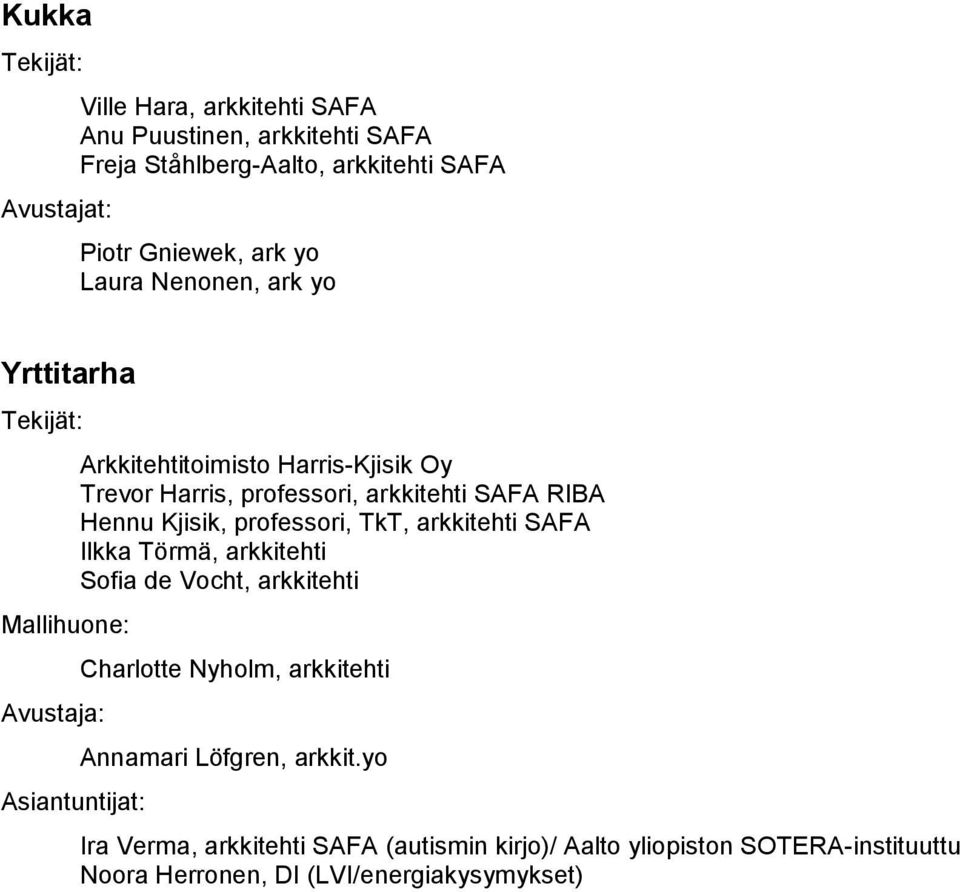 arkkitehti SAFA RIBA Hennu Kjisik, professori, TkT, arkkitehti SAFA Ilkka Törmä, arkkitehti Sofia de Vocht, arkkitehti Charlotte Nyholm,