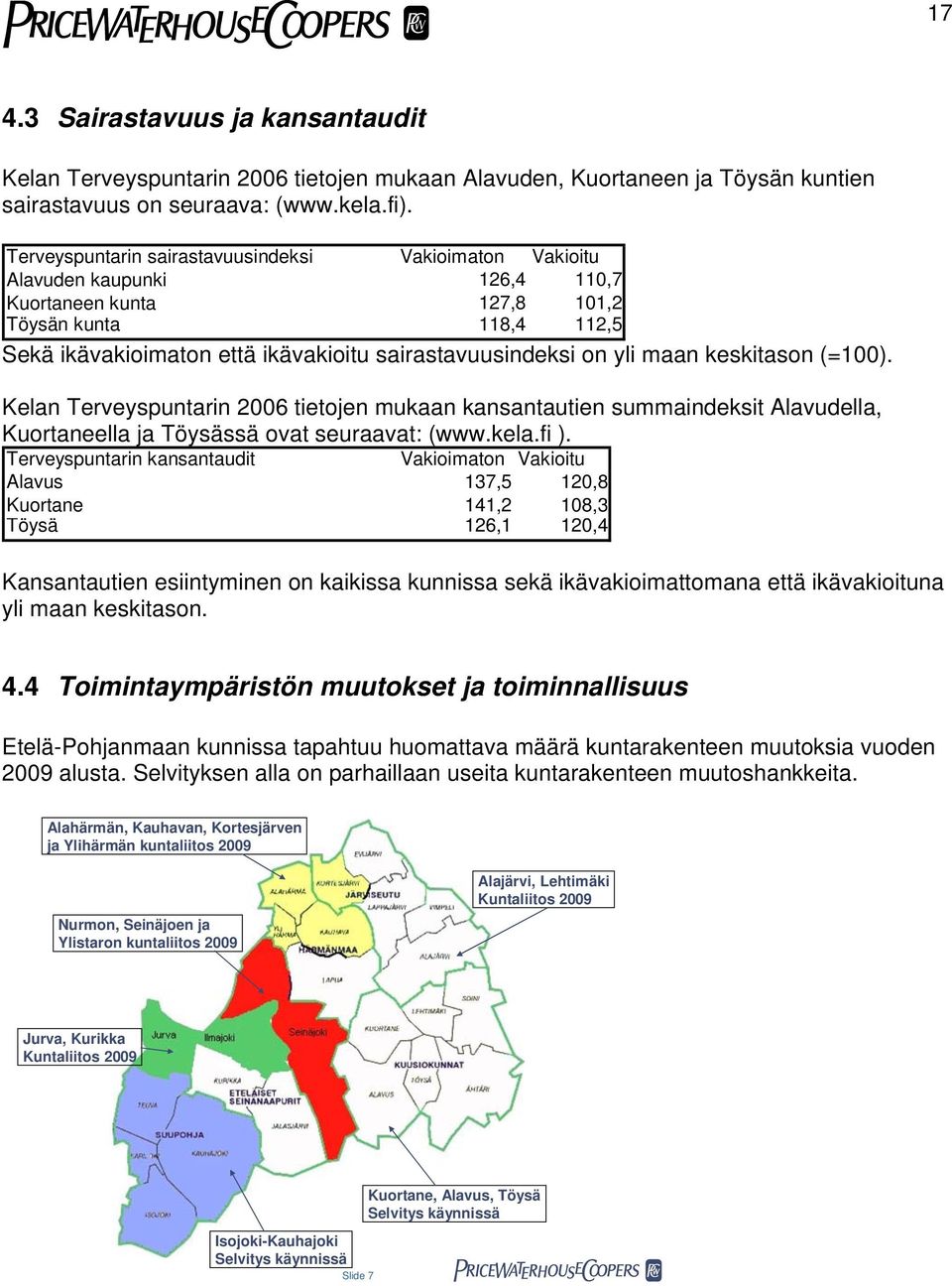 on yli maan keskitason (=100). Kelan Terveyspuntarin 2006 tietojen mukaan kansantautien summaindeksit Alavudella, Kuortaneella ja Töysässä ovat seuraavat: (www.kela.fi ).