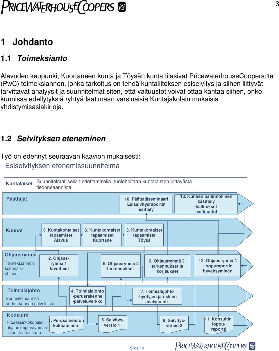 tarvittavat analyysit ja suunnitelmat siten, että valtuustot voivat ottaa kantaa siihen, onko kunnissa edellytyksiä ryhtyä laatimaan varsinaisia Kuntajakolain mukaisia yhdistymisasiakirjoja. 1.