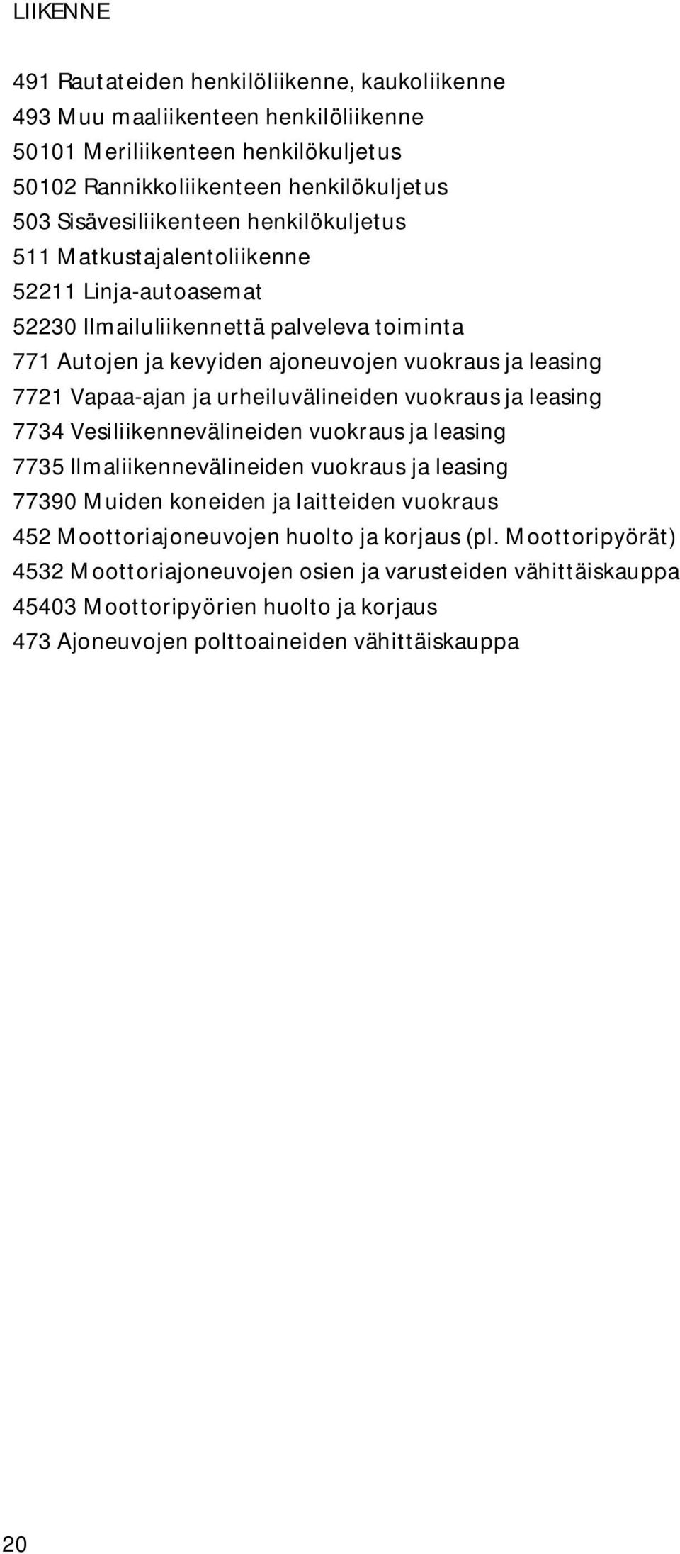 Vapaa-ajan ja urheiluvälineiden vuokraus ja leasing 7734 Vesiliikennevälineiden vuokraus ja leasing 7735 Ilmaliikennevälineiden vuokraus ja leasing 77390 Muiden koneiden ja laitteiden vuokraus