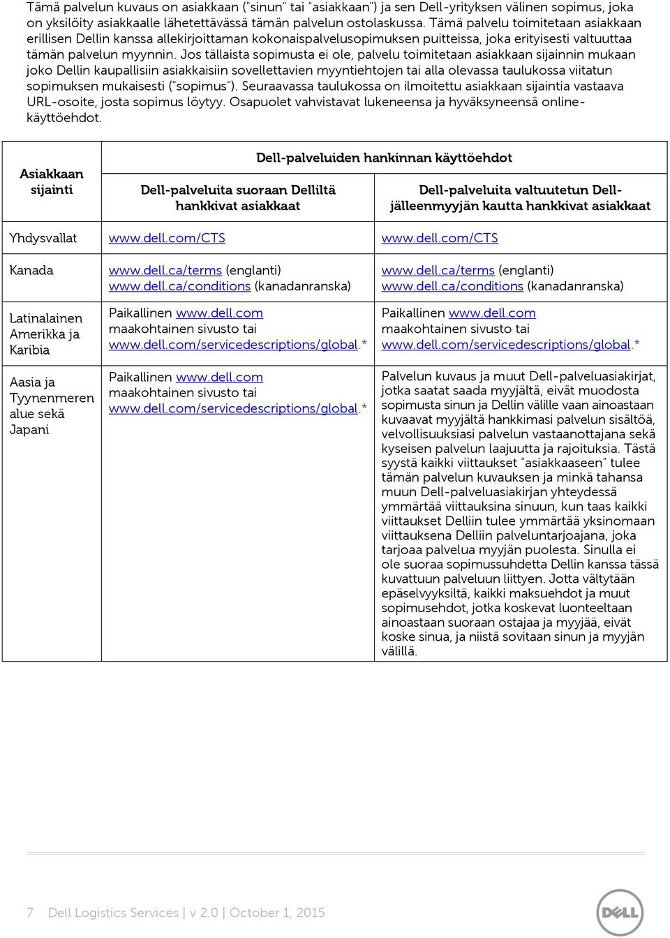 Jos tällaista sopimusta ei ole, palvelu toimitetaan asiakkaan sijainnin mukaan joko Dellin kaupallisiin asiakkaisiin sovellettavien myyntiehtojen tai alla olevassa taulukossa viitatun sopimuksen
