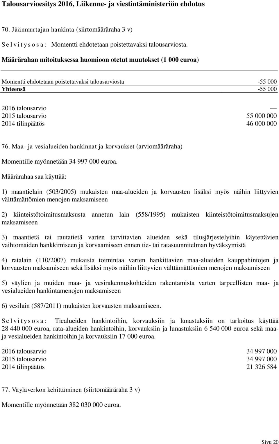 000 76. Maa- ja vesialueiden hankinnat ja korvaukset (arviomääräraha) Momentille myönnetään 34 997 000 euroa.