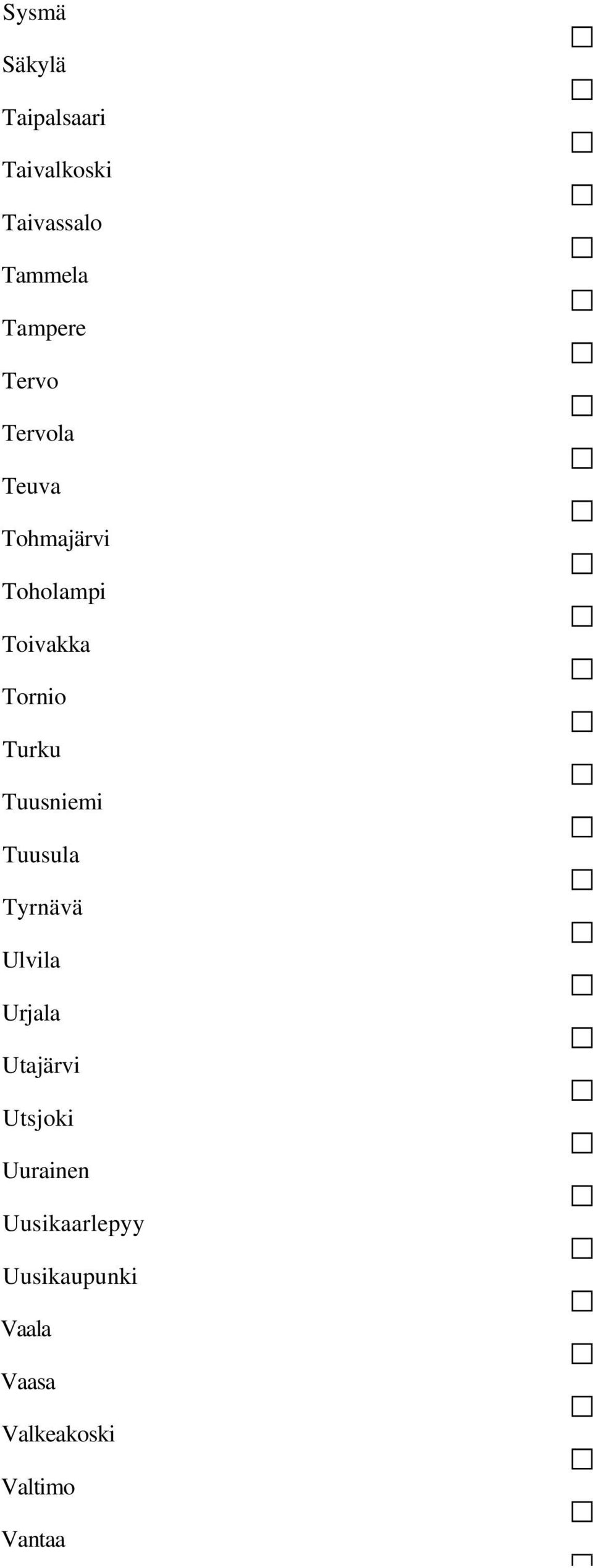 Tuusniemi Tuusula Tyrnävä Ulvila Urjala Utajärvi Utsjoki