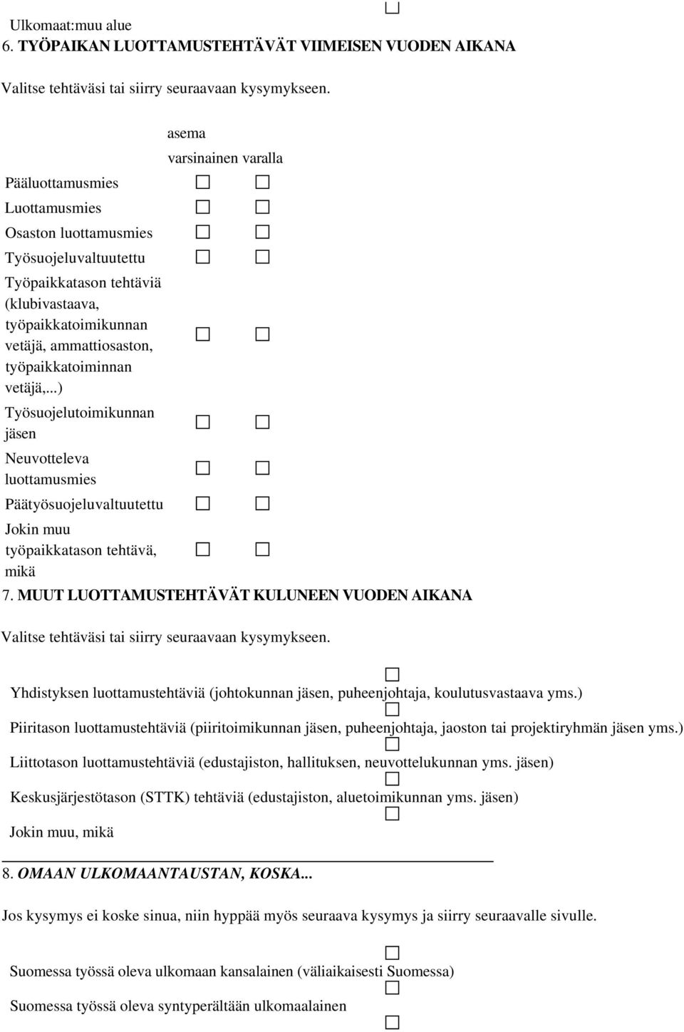 ..) Työsuojelutoimikunnan jäsen Neuvotteleva luottamusmies Päätyösuojeluvaltuutettu Jokin muu työpaikkatason tehtävä, mikä asema varsinainen varalla 7.