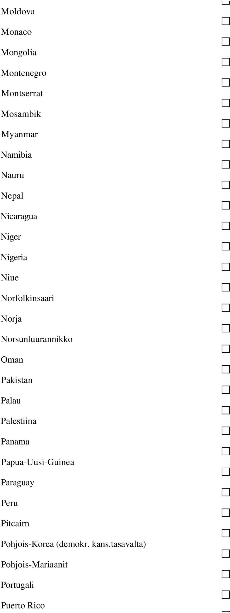 Oman Pakistan Palau Palestiina Panama Papua-Uusi-Guinea Paraguay Peru