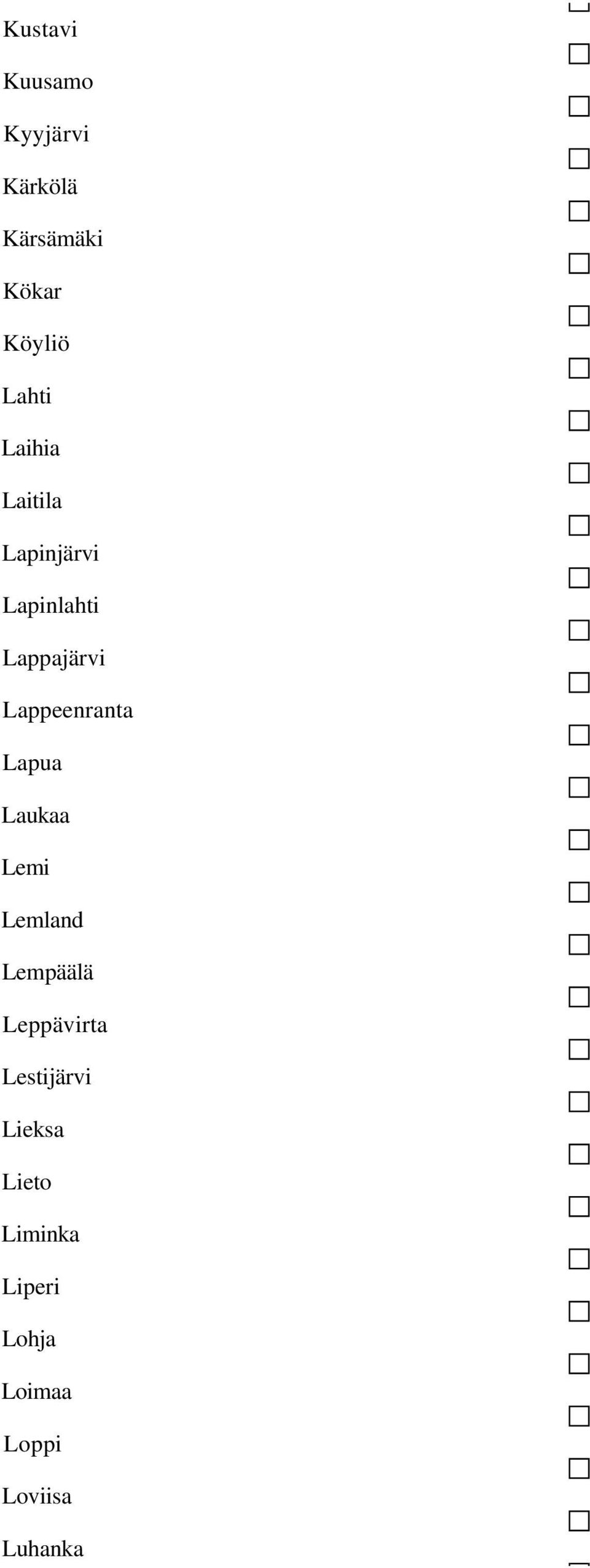 Lappeenranta Lapua Laukaa Lemi Lemland Lempäälä Leppävirta