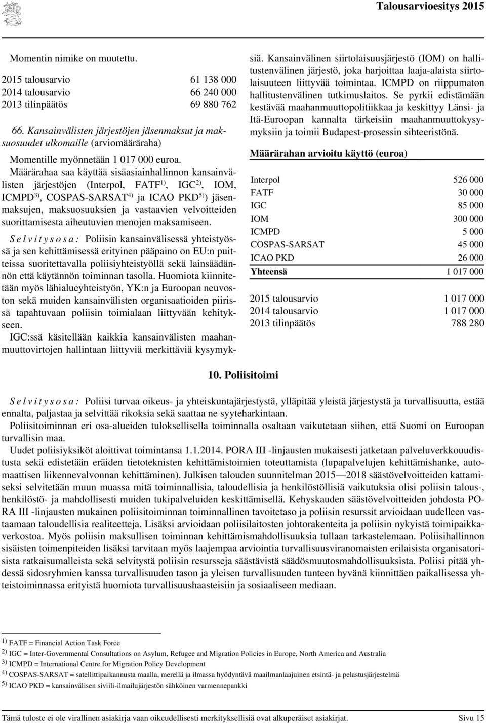 Määrärahaa saa käyttää sisäasiainhallinnon kansainvälisten järjestöjen (Interpol, FATF 1), IGC 2), IOM, ICMPD 3), COSPAS-SARSAT 4) ja ICAO PKD 5) ) jäsenmaksujen, maksuosuuksien ja vastaavien