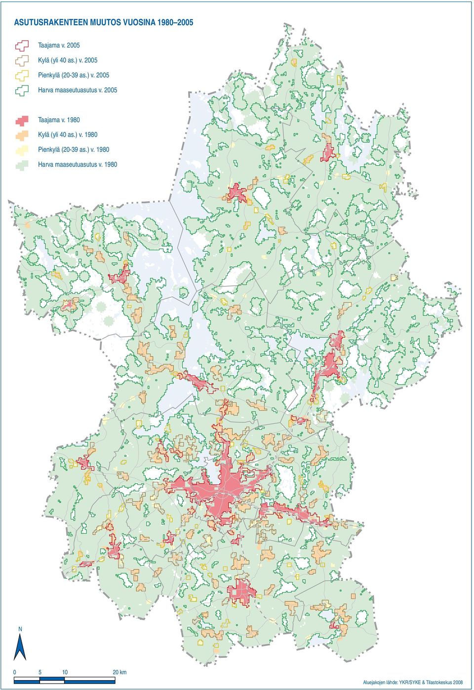 2005 Taajama v. 1980 Kylä (yli 40 as.) v. 1980 Pienkylä (20-39 as.) v. 1980 Harva maaseutuasutus v.