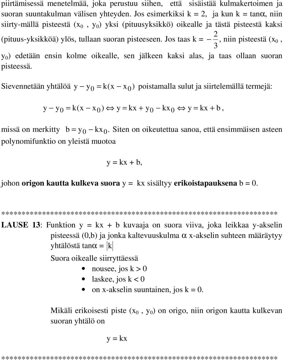 Jos taas k =, niin pisteestä (x 0, 3 y 0 ) edetään ensin kolme oikealle, sen jälkeen kaksi alas, ja taas ollaan suoran pisteessä.