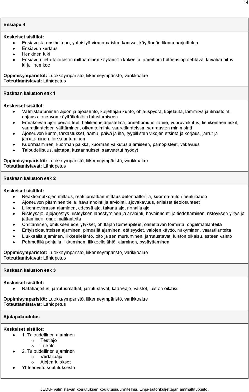 käyttötietoihin tutustumiseen Ennakoivan ajon periaatteet, tieliikennejärjestelmä, onnettomuustilanne, vuorovaikutus, tieliikenteen riskit, vaaratilanteiden välttäminen, oikea toiminta