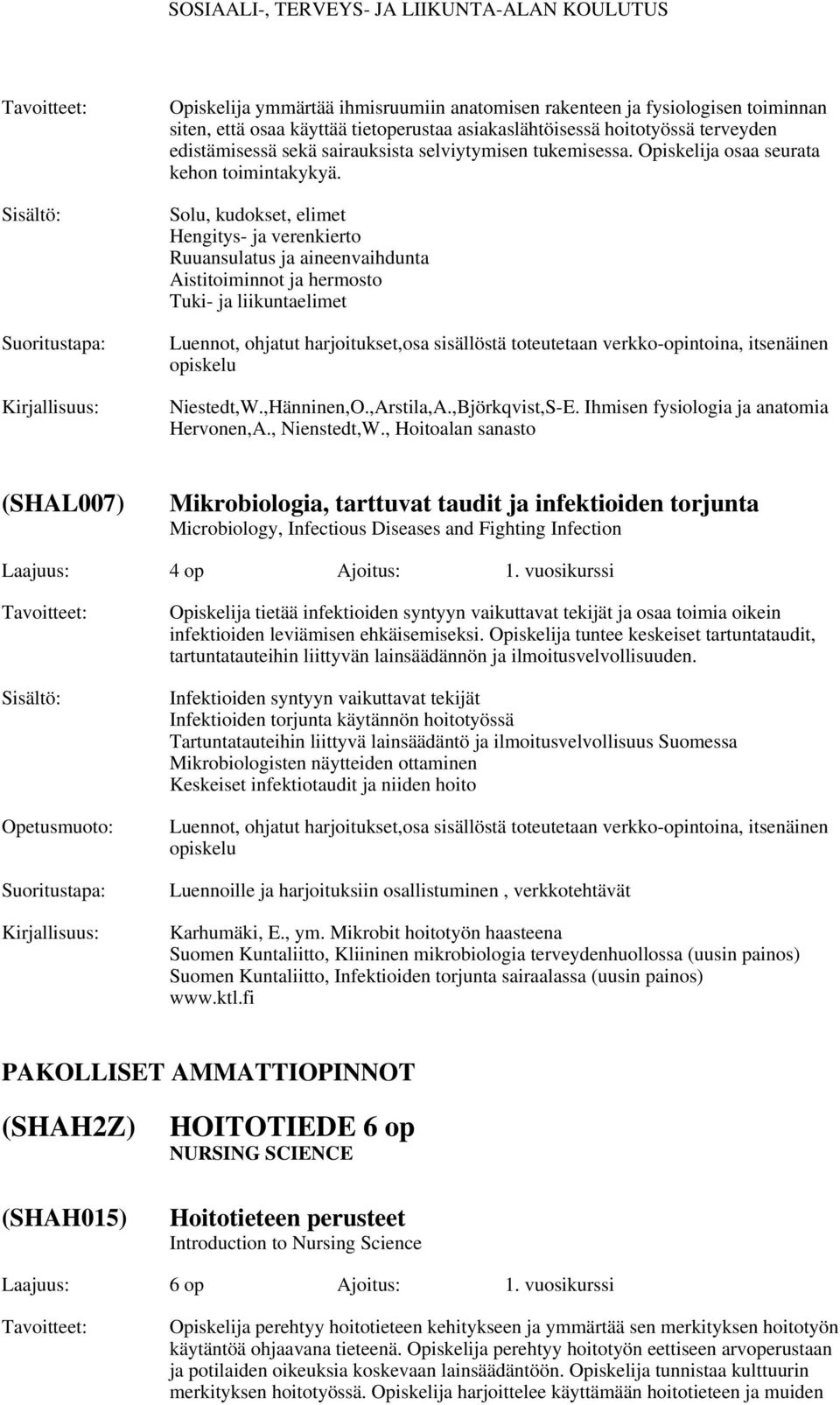 Solu, kudokset, elimet Hengitys- ja verenkierto Ruuansulatus ja aineenvaihdunta Aistitoiminnot ja hermosto Tuki- ja liikuntaelimet Luennot, ohjatut harjoitukset,osa sisällöstä toteutetaan