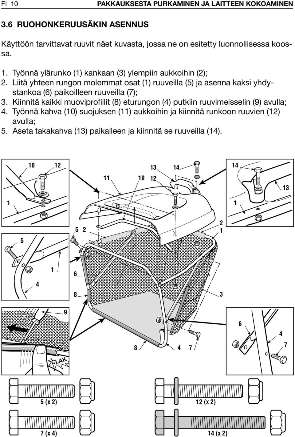 . Työnnä ylärunko () kankaan (3) ylempiin aukkoihin (2); 2.