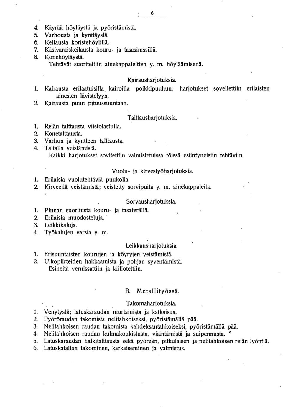 Kairausta puun pituussuuntaan. Talttausharjotuksia.. Reiän talttausta viistolastulla. 2. Konetalttausta. 3. Varhon ja kyntteen talttausta. 4. Taltalla veistämistä.