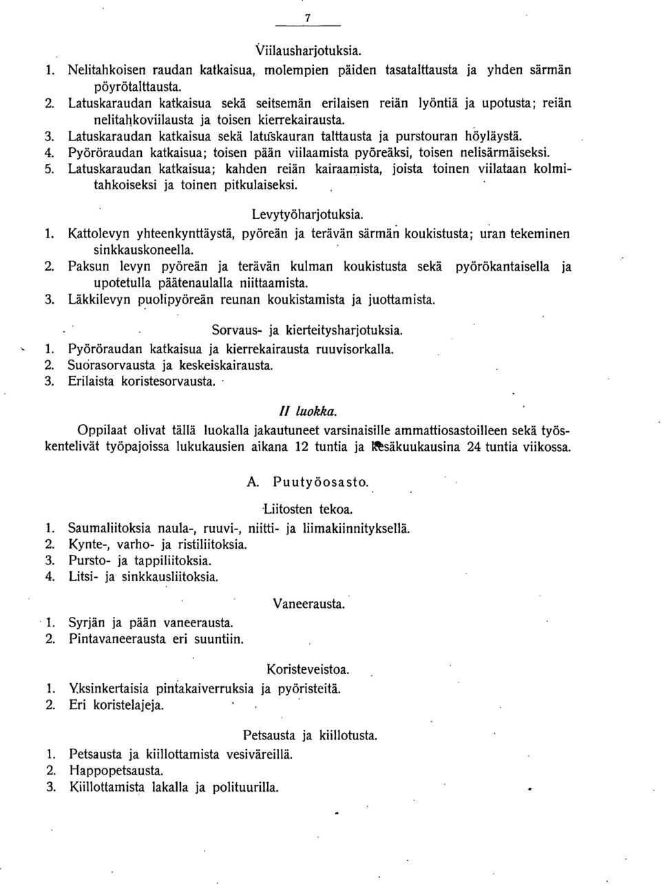 Latuskaraudan katkaisua sekä lahiskauran talttausta ja purstouran höyläystä. 4. Pyöröraudan katkaisua; toisen pään viilaamista pyöreäksi, toisen nelisärmäiseksi. 5.