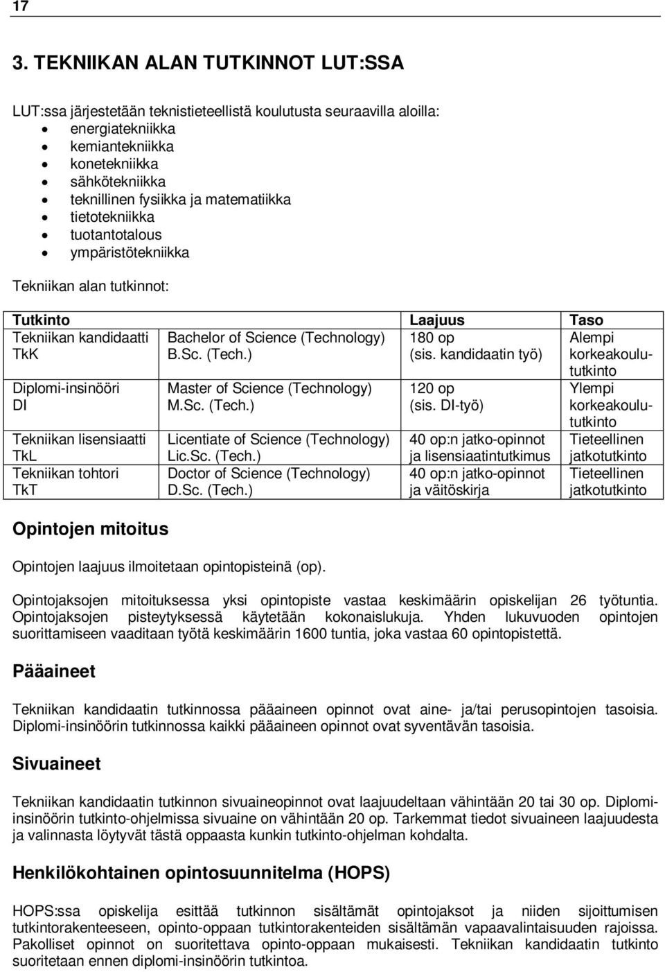 kandidaatin työ) korkeakoulu- Diplomi-insinööri DI Tekniikan lisensiaatti TkL Tekniikan tohtori TkT Opintojen mitoitus Master of Science (Technology) M.Sc. (Tech.) Licentiate of Science (Technology) Lic.