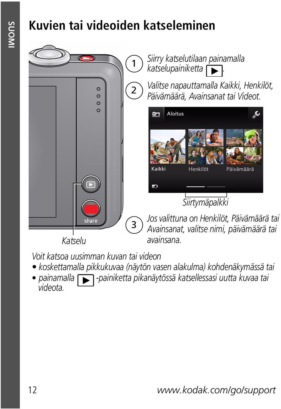 Katselu 3 Siirtymäpalkki Jos valittuna on Henkilöt, Päivämäärä tai Avainsanat, valitse nimi, päivämäärä tai avainsana.