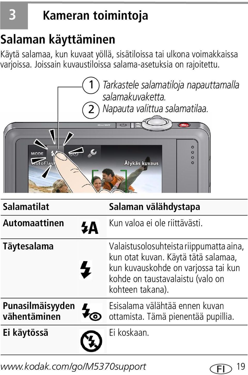 Salamatilat Automaattinen Täytesalama Punasilmäisyyden vähentäminen Ei käytössä Salaman välähdystapa Kun valoa ei ole riittävästi.