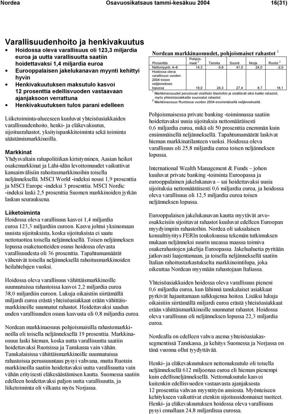 Liiketoiminta-alueeseen kuuluvat yhteisöasiakkaiden varallisuudenhoito, henki- ja eläkevakuutus, sijoitusrahastot, yksityispankkitoiminta sekä toiminta säästämismarkkinoilla.