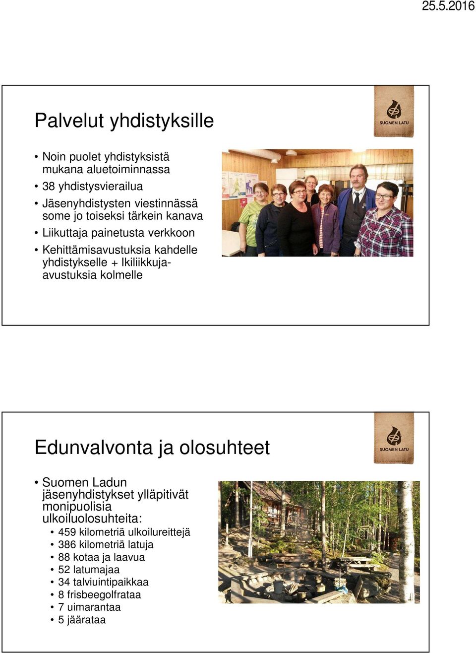 kolmelle Edunvalvonta ja olosuhteet Suomen Ladun jäsenyhdistykset ylläpitivät monipuolisia ulkoiluolosuhteita: 459 kilometriä