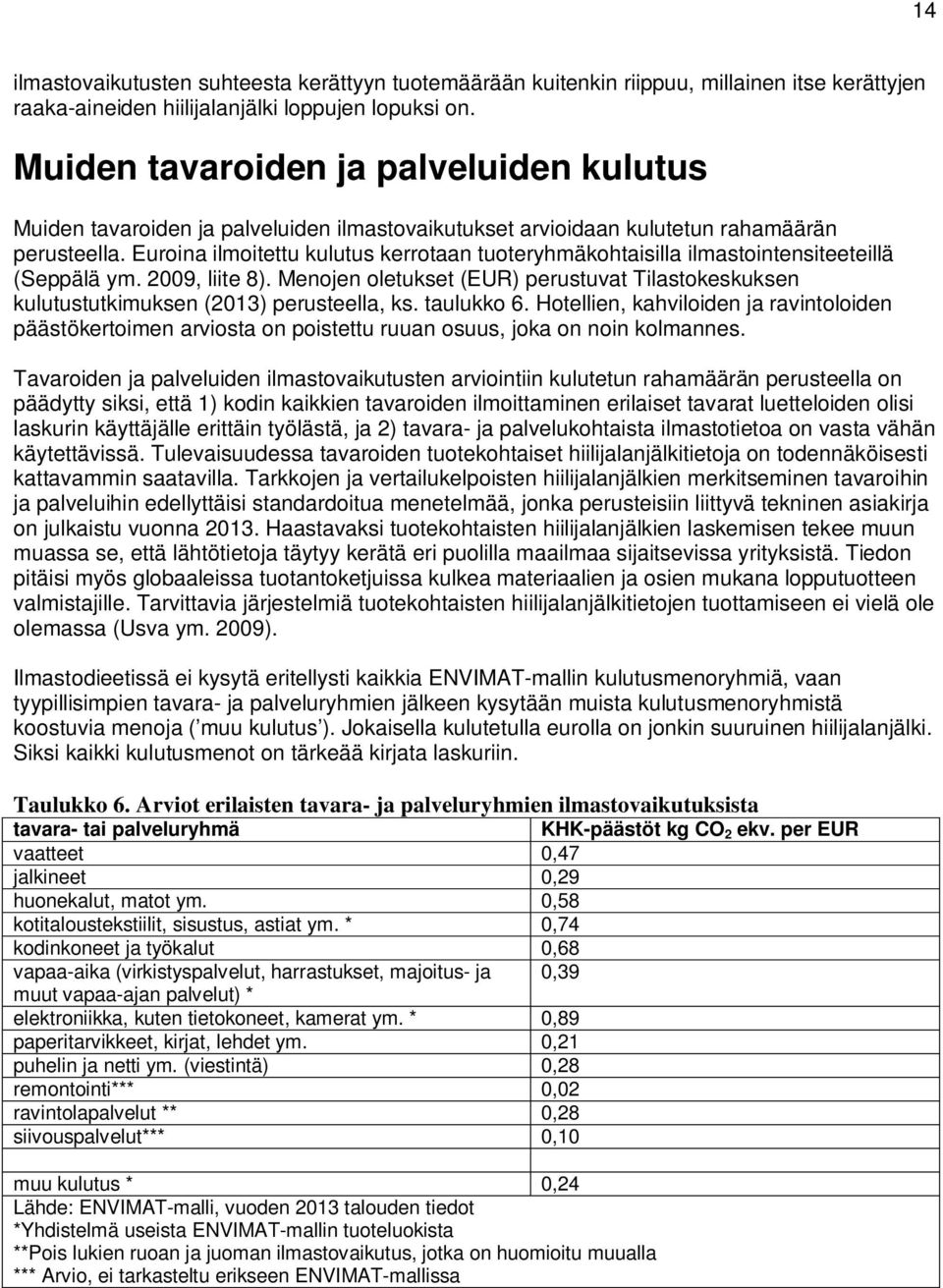 Euroina ilmoitettu kulutus kerrotaan tuoteryhmäkohtaisilla ilmastointensiteeteillä (Seppälä ym. 2009, liite 8).