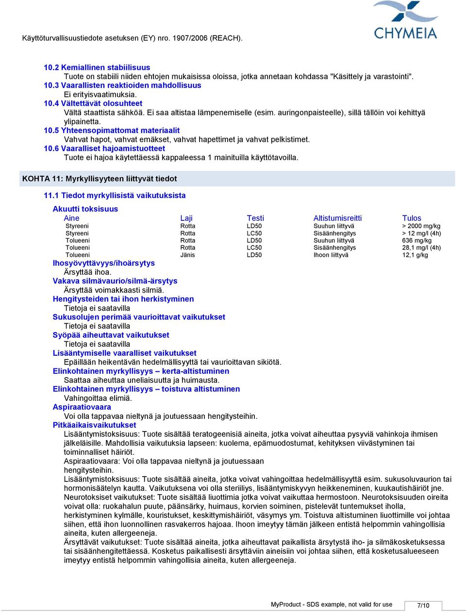 5 Yhteensopimattomat materiaalit Vahvat hapot, vahvat emäkset, vahvat hapettimet ja vahvat pelkistimet. 10.