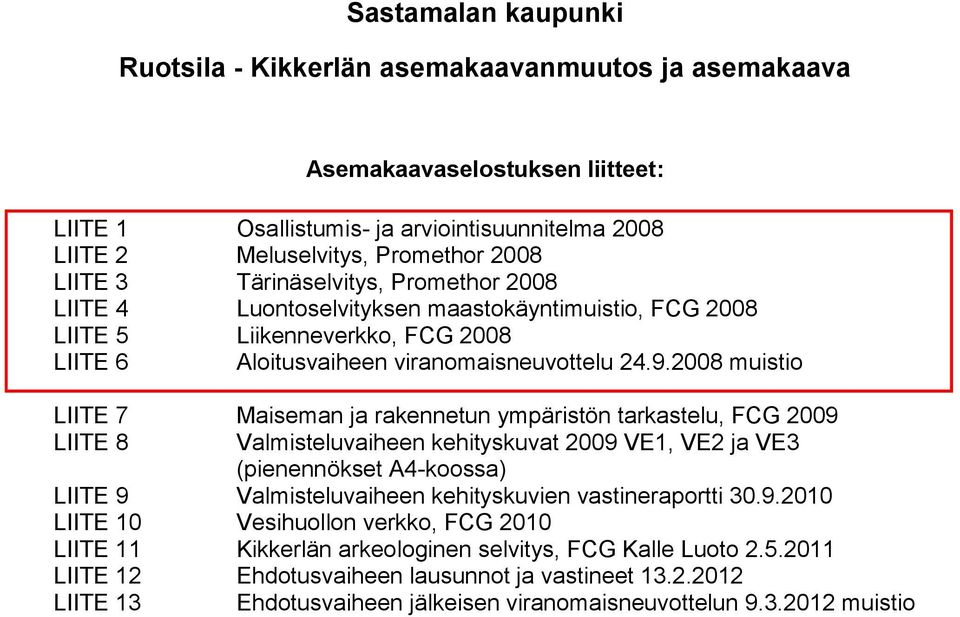 2008 muistio LIITE 7 Maiseman ja rakennetun ympäristön tarkastelu, FCG 2009 LIITE 8 Valmisteluvaiheen kehityskuvat 2009 VE1, VE2 ja VE3 (pienennökset A4-koossa) LIITE 9 Valmisteluvaiheen