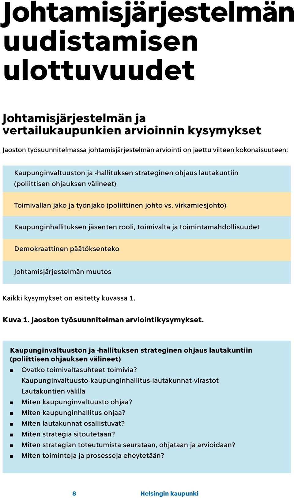 virkamiesjohto) Kaupugihallitukse jäsete rooli, toimivalta ja toimitamahdollisuudet Demokraattie päätökseteko Johtamisjärjestelmä muutos Kaikki kysymykset o esitetty kuvassa 1. Kuva 1.