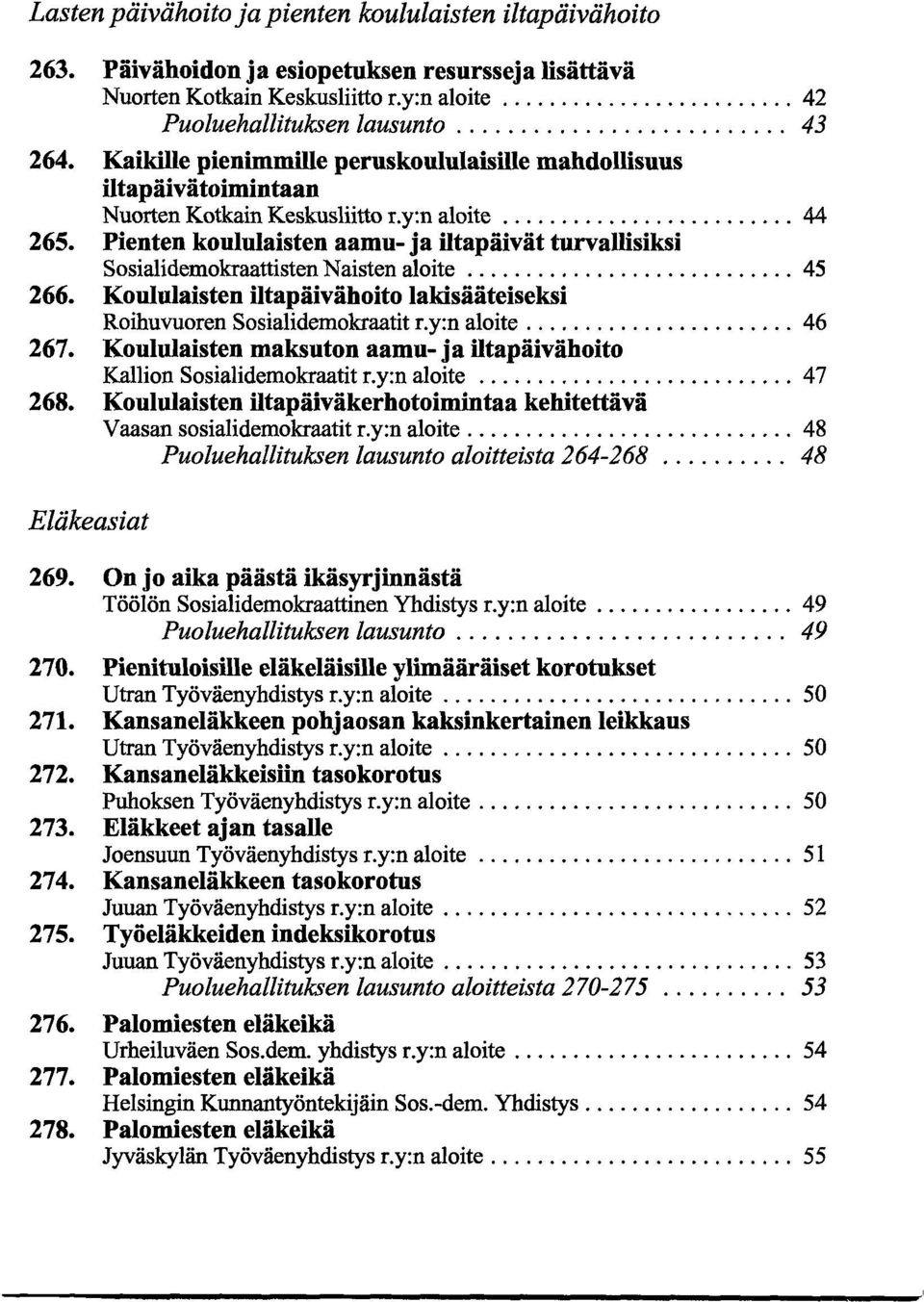 Pienten koululaisten aamu- ja iltapäivät turvallisiksi Sosialidemokraattisten Naisten aloite... 45 266. Koululaisten iltapäivähoito lakisääteiseksi Roihuvuoren Sosialidemokraatit r.y:n aloite...46 267.