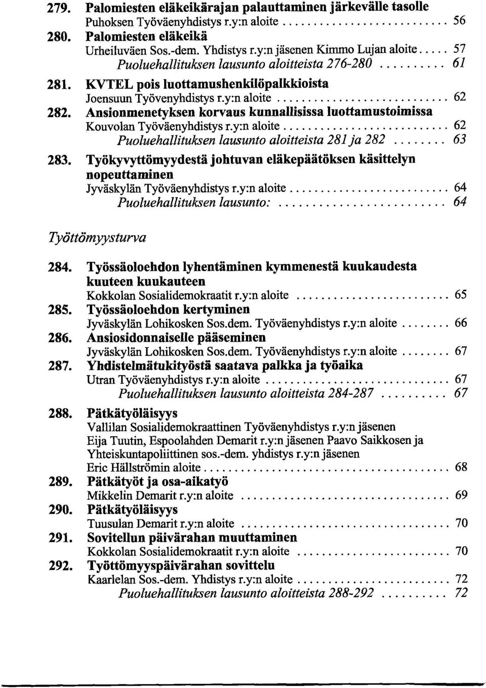 Ansionmenetyksen korvaus kunnallisissa luottamustoimissa Kouvolan Työväenyhdistys r.y:n aloite...62 Puoluehallituksen lausunto aloitteista 281 ja 282... 63 283.