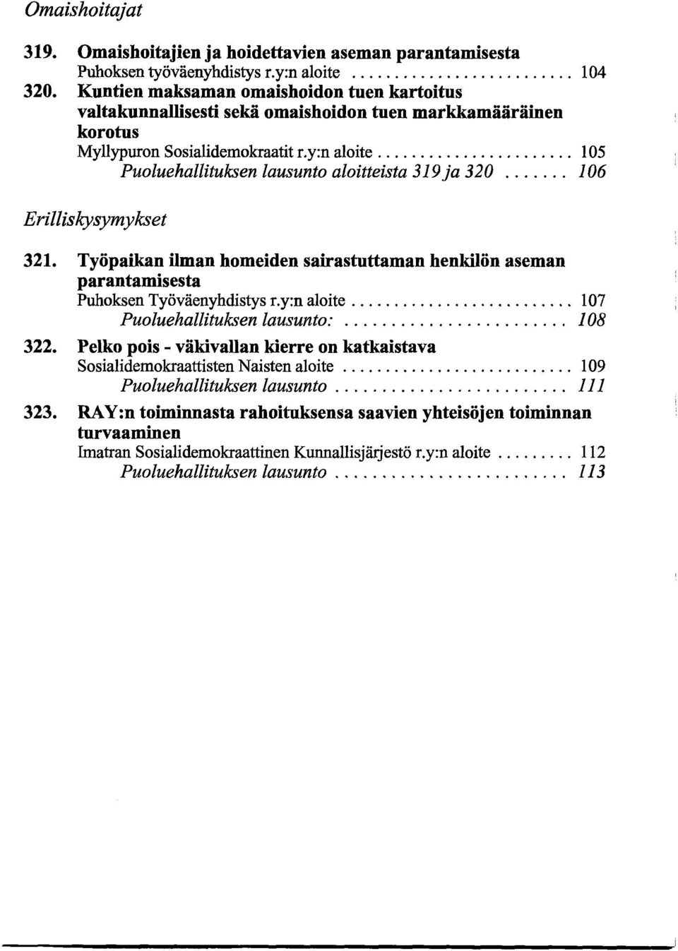 .. 105 Puoluehallituksen lausunto aloitteista 319 ja 320... 106 Erilliskysymykset 321. Työpaikan ilman homeiden sairastuttaman henkilön aseman parantamisesta Puhoksen Työväenyhdistys r.y:n aloite.