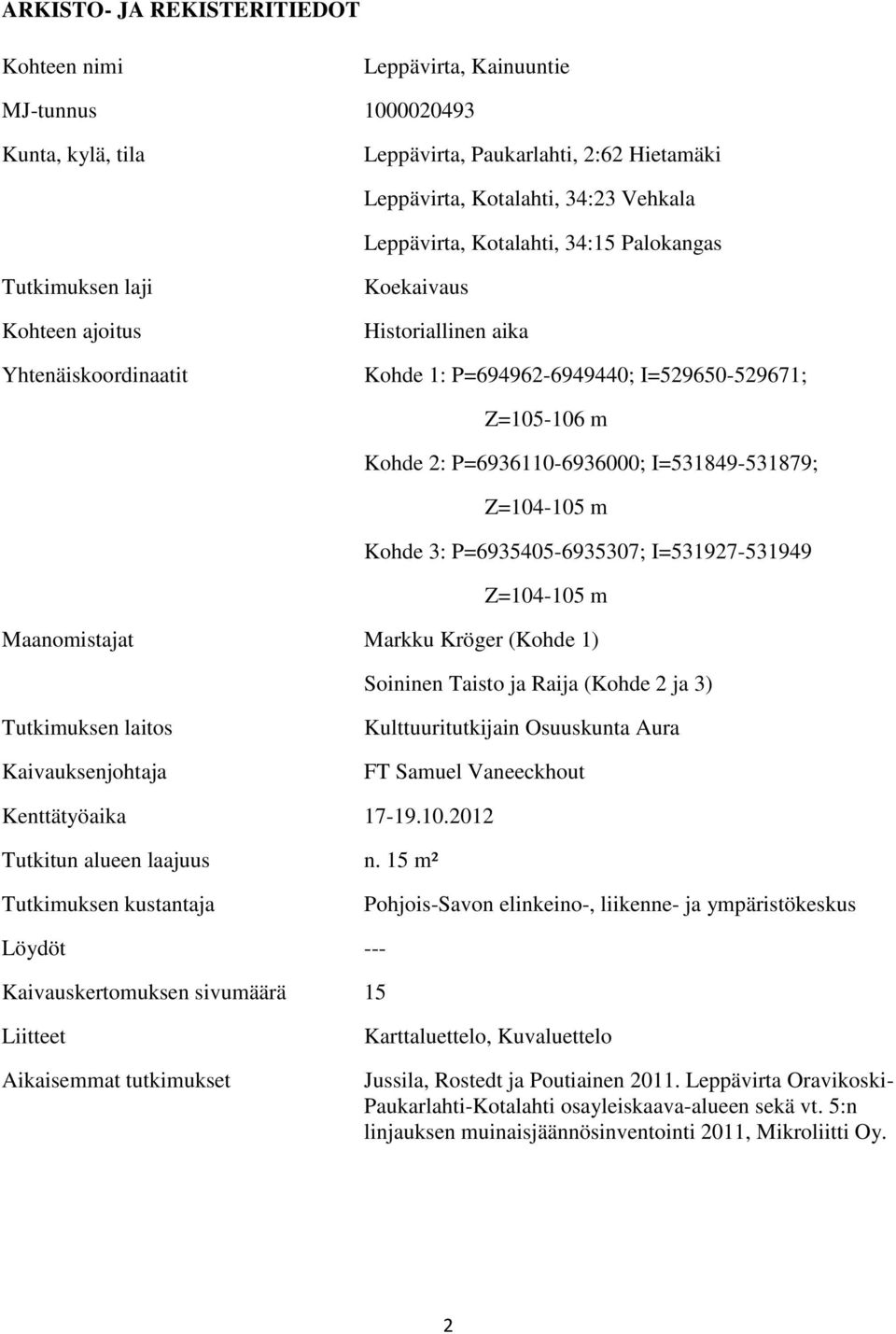 I=531849-531879; Z=104-105 m Kohde 3: P=6935405-6935307; I=531927-531949 Z=104-105 m Maanomistajat Markku Kröger (Kohde 1) Soininen Taisto ja Raija (Kohde 2 ja 3) Tutkimuksen laitos Kaivauksenjohtaja