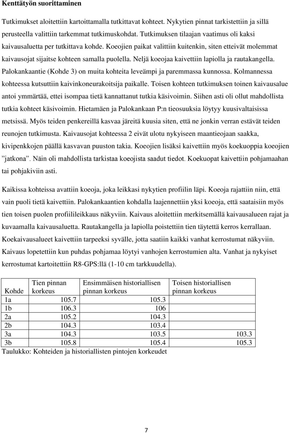 Neljä koeojaa kaivettiin lapiolla ja rautakangella. Palokankaantie (Kohde 3) on muita kohteita leveämpi ja paremmassa kunnossa. Kolmannessa kohteessa kutsuttiin kaivinkoneurakoitsija paikalle.