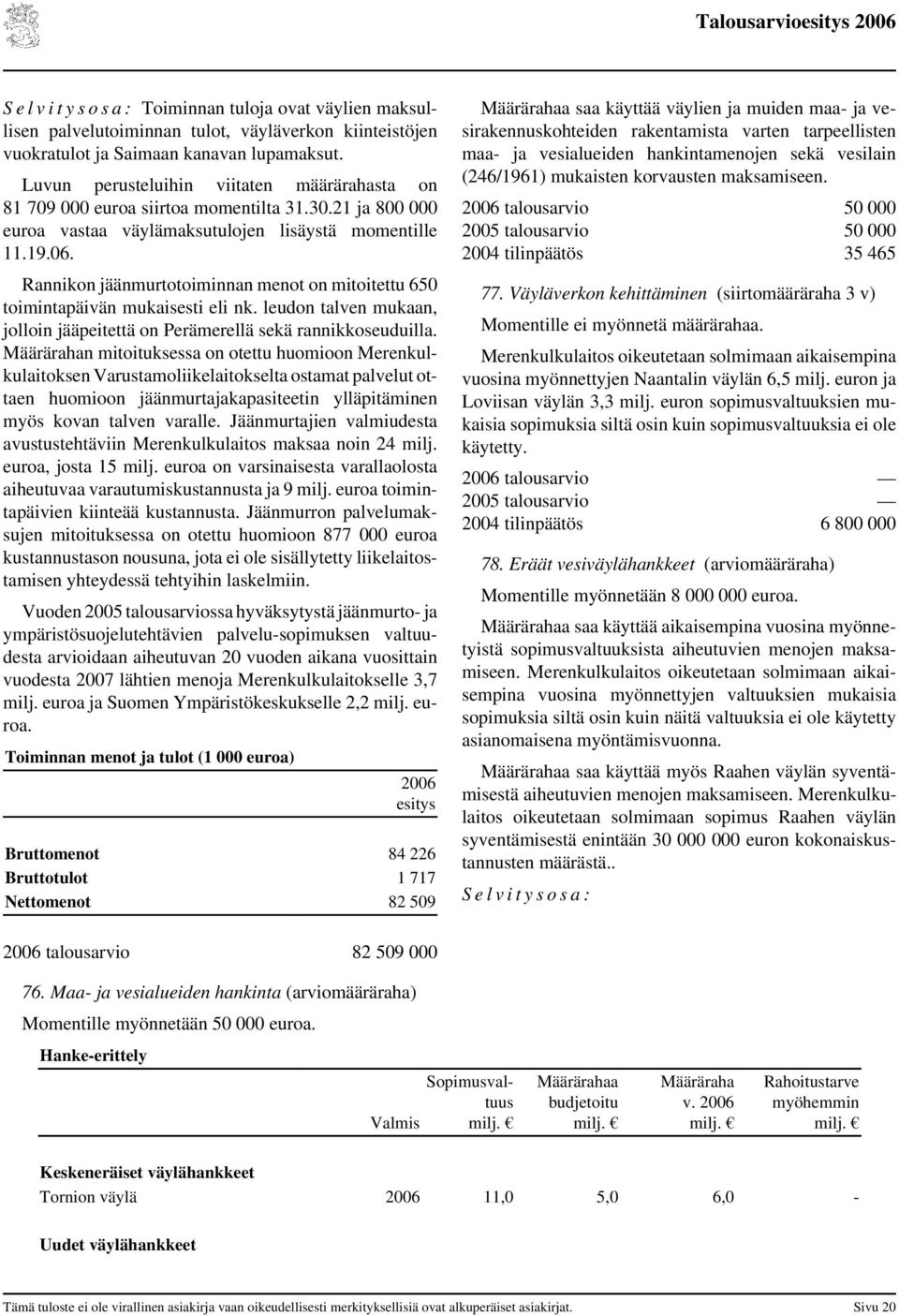 Rannikon jäänmurtotoiminnan menot on mitoitettu 650 toimintapäivän mukaisesti eli nk. leudon talven mukaan, jolloin jääpeitettä on Perämerellä sekä rannikkoseuduilla.