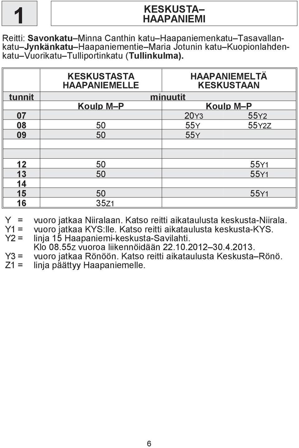 KESKUSTASTA HAAPANIEMELLE HAAPANIEMELTÄ KESKUSTAAN tunnit minuutit Koulp M P Koulp M P 0 0Y Y 0 0 Y YZ 0 0 Y 0 Y 0 Y 0 Y Z Y = Y = Y = Y = Z