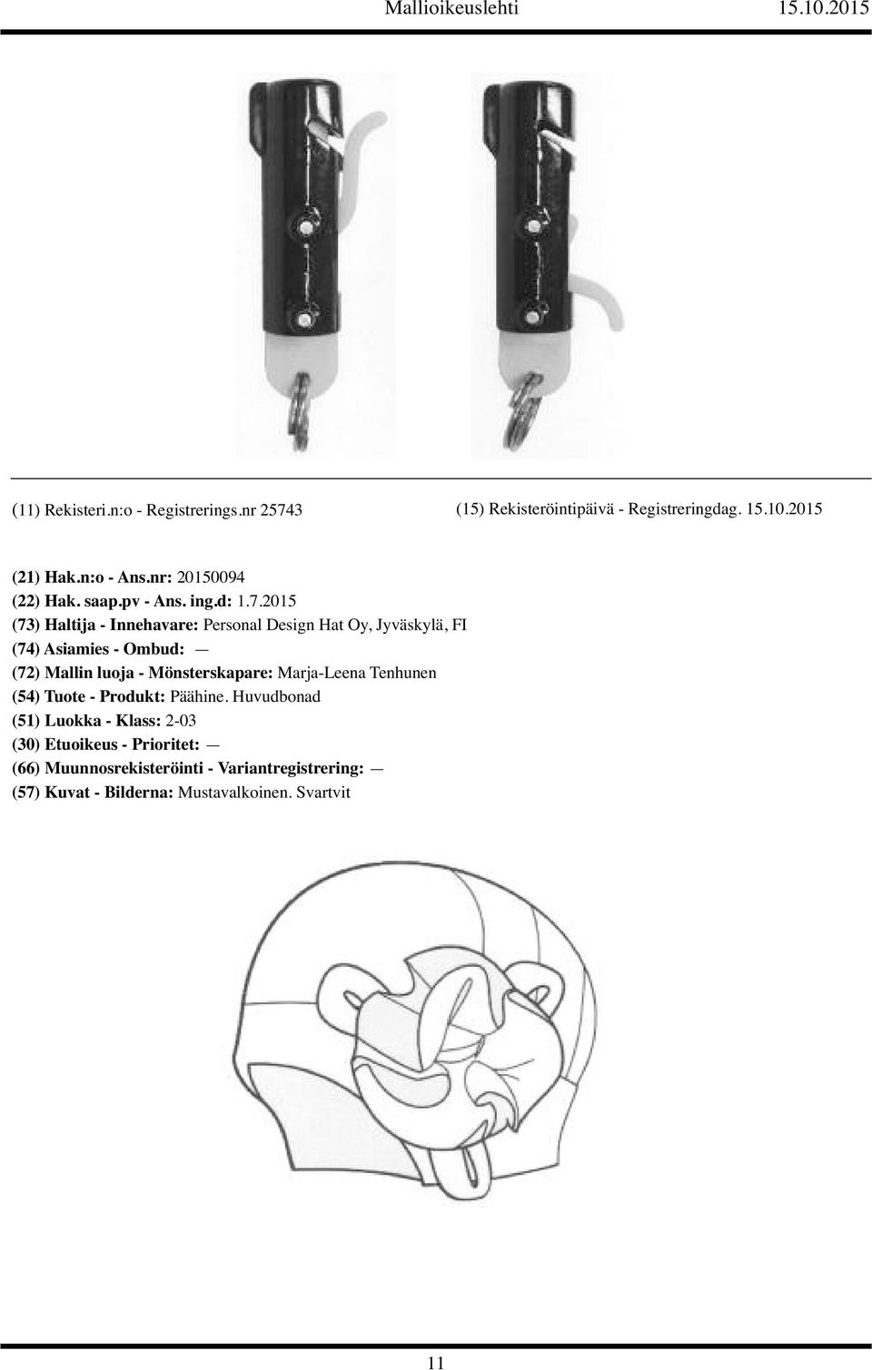 2015 (73) Haltija - Innehavare: Personal Design Hat Oy, Jyväskylä, FI (72) Mallin luoja -