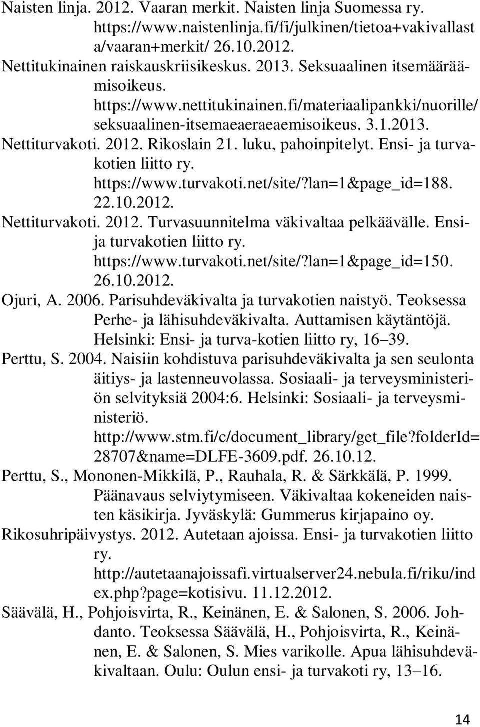 Ensi- ja turvakotien liitto ry. https://www.turvakoti.net/site/?lan=1&page_id=188. 22.10.2012. Nettiturvakoti. 2012. Turvasuunnitelma väkivaltaa pelkäävälle. Ensija turvakotien liitto ry. https://www.turvakoti.net/site/?lan=1&page_id=150.