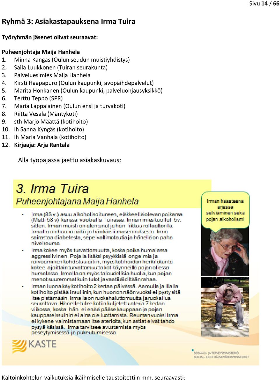 Marita Honkanen (Oulun kaupunki, palveluohjausyksikkö) 6. Terttu Teppo (SPR) 7. Maria Lappalainen (Oulun ensi ja turvakoti) 8. Riitta Vesala (Mäntykoti) 9.