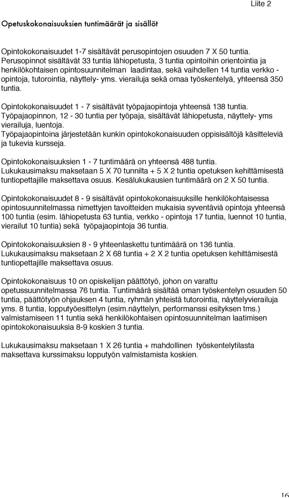 yms. vierailuja sekä omaa työskentelyä, yhteensä 350 tuntia. Opintokokonaisuudet 1-7 sisältävät työpajaopintoja yhteensä 138 tuntia.